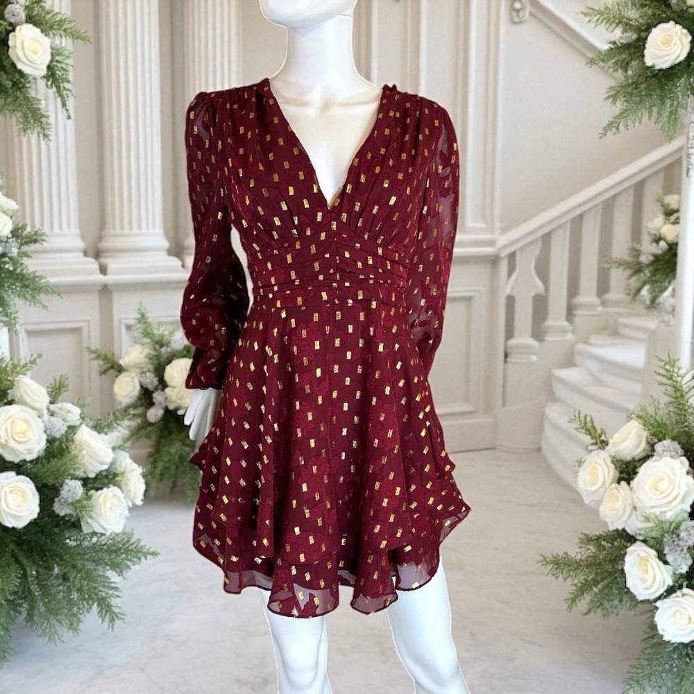 B. Darlin Gold Foil Double Tier Puff Sleeve Tie-Back Dress Size 7/8 NWOT
